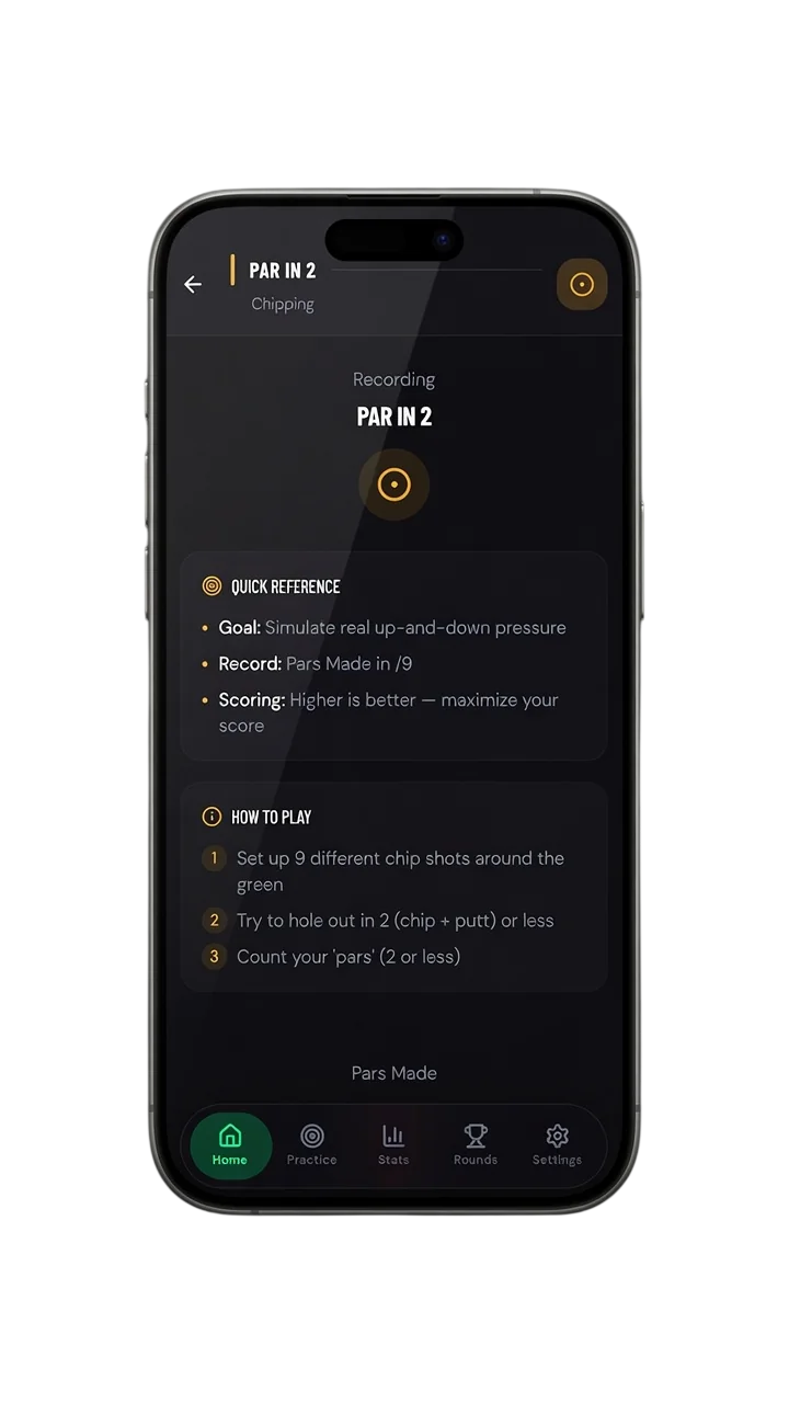 Par in 2 challenge in the Scoring Zone app — nine chip shots, hole out in two or less